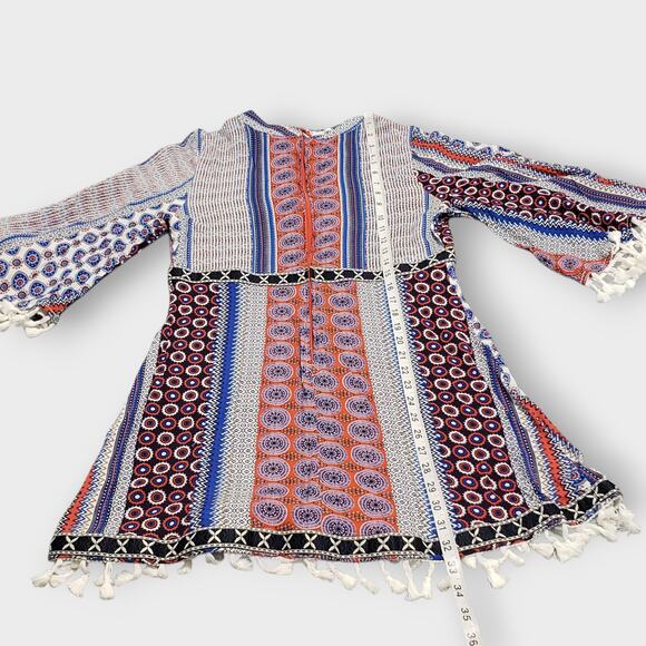 Valija Medallion Print Patchwork Flare Sleeve Mini Dress Medium Multicolor Boho - Picture 14 of 14